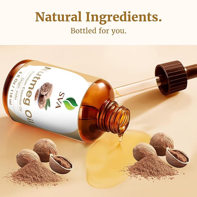 SVA Nutmeg Essential Oil – 4 Fl Oz – 100% Natural Nutmeg Oil - for Diffuser, Hair Care, Face, Skin Care, Aromatherapy, Scalp and Body Massage, Soap and Candle Making – with Dropper