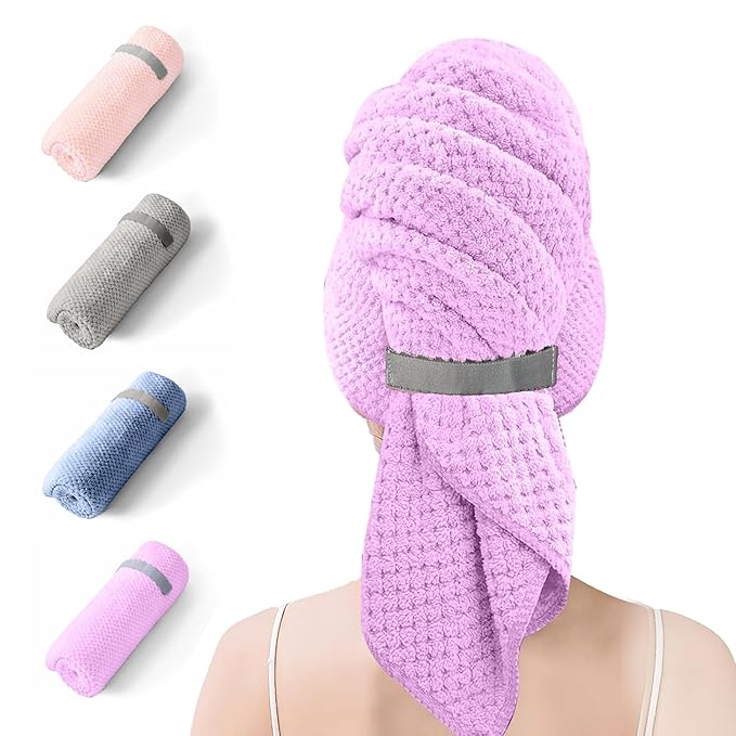 Microfiber Hair Towel Wrap for Women, Quick-Dry Turban, Ultra Absorbent & Anti-Frizz, Ideal for Long, Thick & Curly Hair, Soft Lightweight Drying Towel (24x42, Purple)