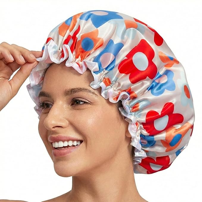 Aquior Large Shower Cap, Shower Cap for Women Reusable Waterproof, Bath Hair Cap for All Hair Lengths,for Ladies, Men and Kids (Flower)