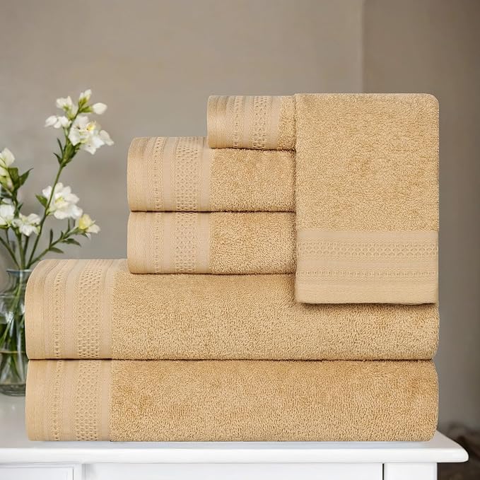 Superior Honeycomb Cotton Medium Weight Towels, for Guest Bath, Master Bathroom, Shower, Quick Dry, Adults, Home Essentials, Textured Waffle Border, Assorted Towel Set, 6 Piece Towel Set, Gold