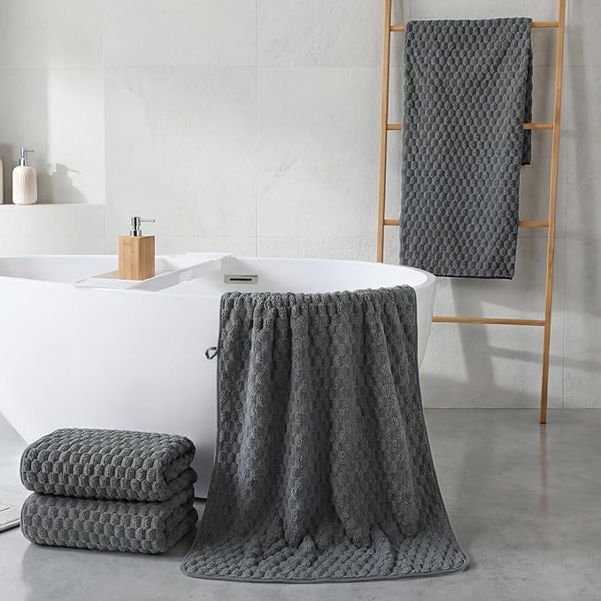 REDKISS 4 Pack Charcoal Gray Microfiber Bath Towels - Large Shower Towels Set for Bathroom, Super Absorbent Towel Set of 4 Lagre, Quick Dry Bathroom Towel for Spa, Gym,Travel, Lint Free, Ultra Soft