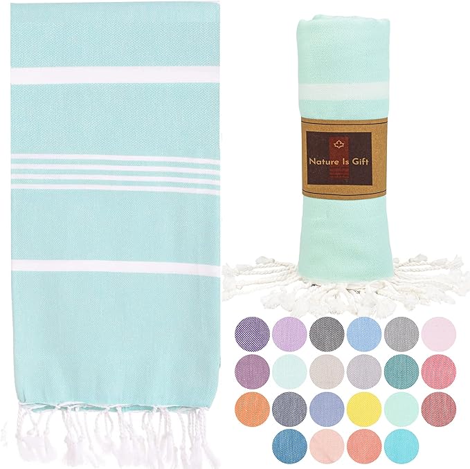 Beach Towel 100% Cotton Turkish Beach Towel Adult 38x70 Inch Pre-washed Absorbent Extra Large|Sand Free Quick Dry BathTowels|Lightweight Blanket|Travel Cruise Camping Spa Gym Sports Towel|Fair Aqua
