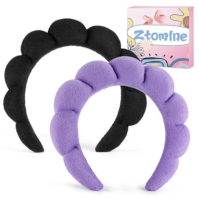 Ztomine Terry Cloth Spa Headbands for Washing Face or Facial, Set of 2, Black & Purple - Puffy Makeup Headbands for Face Washing, Mask, Skin Treatment