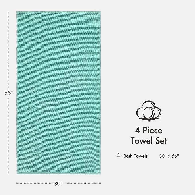 Madison Park 4-Piece Bath Towel Set for Bathroom 30" x 56" Large Diagonal Ribbed, Turquoise - 100% Cotton Soft Quick Dry & Absorbent Gift | Zero Twist, 500 GSM, Oeko-TEX, Hotel Quality