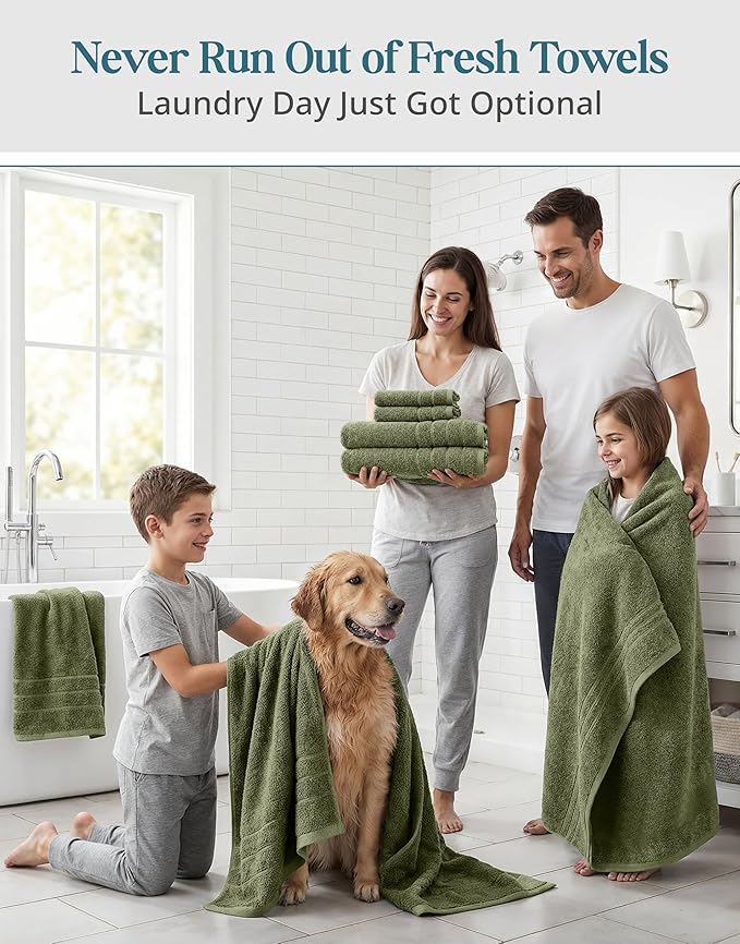 Casa Platino 100% Luxury Cotton Bath Towel Pack of 18 - Softer, High Absorbency & Durable - 6 Bath, 6 Wash Cloth, 6 Hand Towels for Bathroom - Premium Look, Spa Quality, Solid Dyed Towels - Oil Green