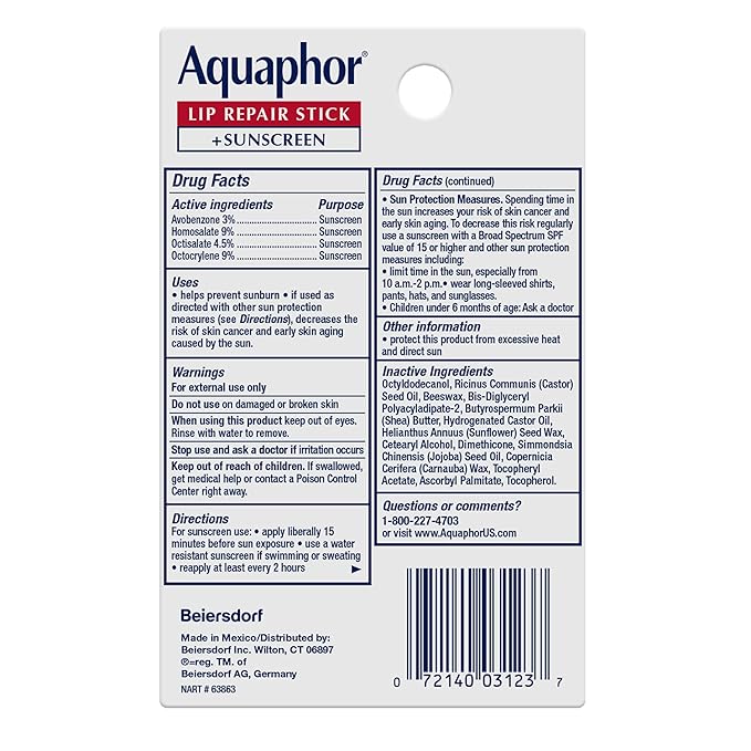 Aquaphor Lip Balm Set with Jojoba Oil and Shea Butter, Lip Repair Stick (2 x 0.17 Oz) + Repair Stick with Sunscreen SPF 30 (2 x 0.17 Oz), Fragrance Free, Paraben Free, Immediately Relieves Dryness