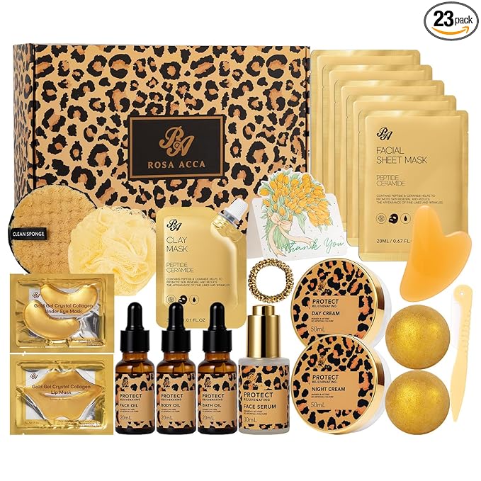 23 Pcs Mother's Day Gift for Mom, Leopard Skin Care Set for Women, Bath and Body Gifts Basket Set, Spa Gift Baskets, Day Cream, Bath Bombs, Serum, Birthday, Christmas, Valentines, Anniversary, Wife