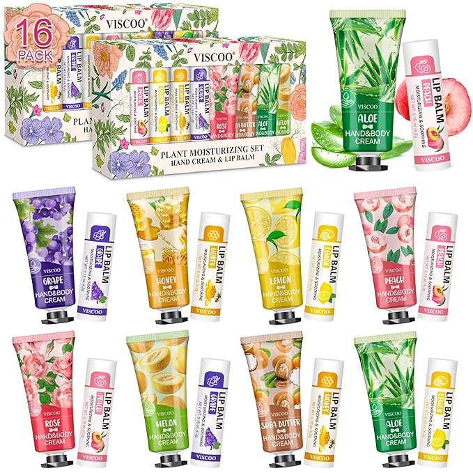 VISCOO 16 Pack Bulk Lip Balm and Hand Cream Set, Mothers Day Gifts, Teacher Appreciation Gifts, Nurses Week Gift, Thank You Bridal Wedding Favors for Guests, Small Gift for Women Birthday