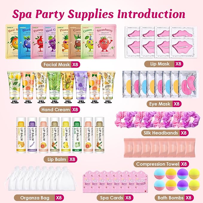 80PCS Spa Party Supplies for Girls, Include Facial Masks, Lip Balm, Hand Cream, Under Eye Patches, Lip Mask, Foot Bath Bombs, Compressed Towels, Sleepover and Spa Birthday Party Supplies for Girls