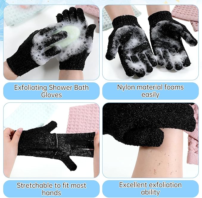 2 Pack Exfoliating Back Scrubber Bath Gloves Set Washcloth Back Scrubber Set Exfoliating Shower Towel with Gloves Cleaner Wash Glove to Remove Dead Skin Body Scrub Towel for Women Men Bath Shower