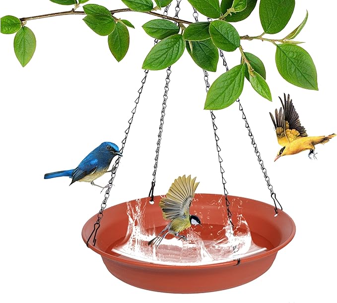 VUWEZ Hanging Bird Bath, Hanging Bird Water Feeder for Outdoors, Feeder Bowl, 1 Pack Birdbath Tray Accessories for Outside, Plastic Birdbaths Tray for Garden Patio Decoration (14", Terra Cotta)