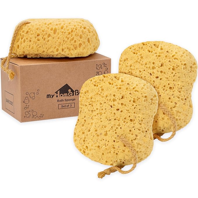 myHomeBody Bath Sponge, Foam Loofah, Body Scrubber for Bathing, Exfoliating Shower Pouf for Shower – Large Size, Lots of Lather, Curvy, 3 Pack