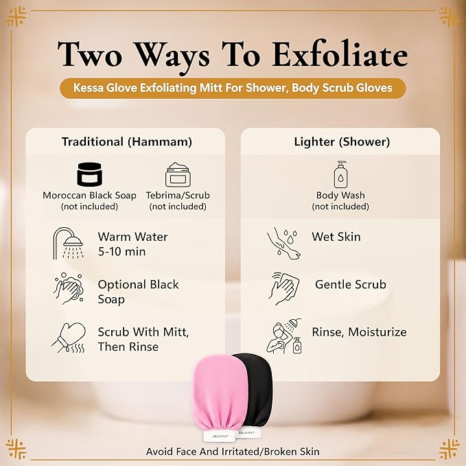 Moroccan Exfoliating Glove for Shower - Kessa Hammam Body Scrub Gloves, Exfoliating Mitt, Bath Mitt - Couple's Spa Set, 2 Pack His and Hers, Pink and Black
