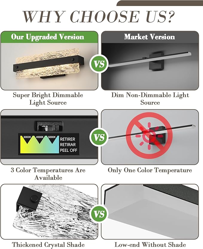 Modern Black Bathroom Vanity Light, 16.5 Inch 10W Dimmable LED Bathroom Light Fixture Over Mirror, Crystal Bar Wall Sconce Lighting for Bath, 3CCT, OS-MM5001-2BK