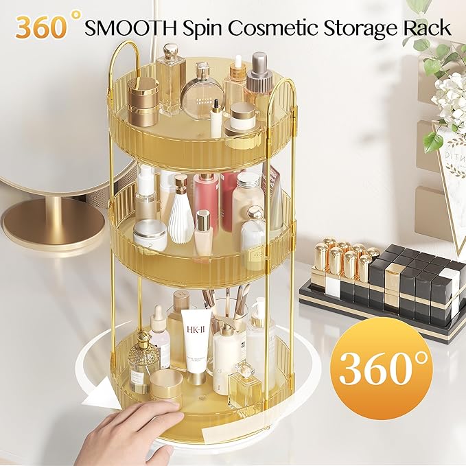 Rotating Makeup Organizer Countertop,Skincare Organizers,Spinning Perfume Tray Stand,Makeup Storage Organizer for Vanity,Bathroom Organizer and Storage,Lazy Susan,3 Tier,Gold