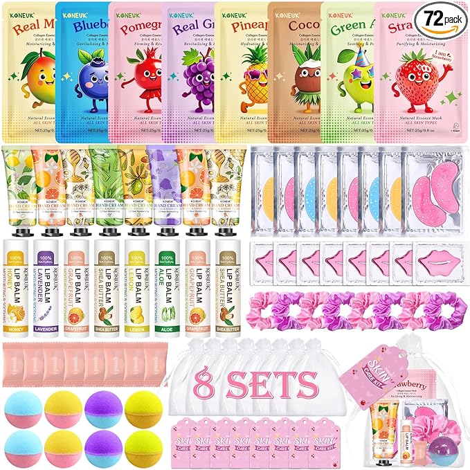 80PCS Spa Party Supplies for Girls, Include Facial Masks, Lip Balm, Hand Cream, Under Eye Patches, Lip Mask, Foot Bath Bombs, Compressed Towels, Sleepover and Spa Birthday Party Supplies for Girls