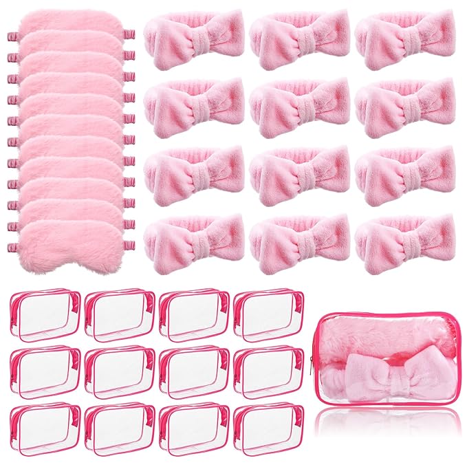 36 Pcs Spa Headband for Women, Makeup Cosmetic Headband for Women 12 Spa Headbands Plush Sleep Eye Mask 12 Clear Cosmetic Bags Sleepover Party Supplies for Girls Christmas Spas Party Favors
