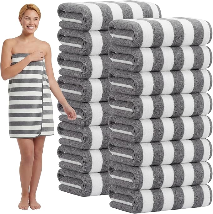 SmoothNovelty 16 Pack Microfiber Bath Towels Bulk 27'' x 60'' Oversized Size Bath Towel Highly Absorbent Extra Large Soft Drying for Beach Shower Summer Salon Sport Gym Party (Stripe,Dark Grey)