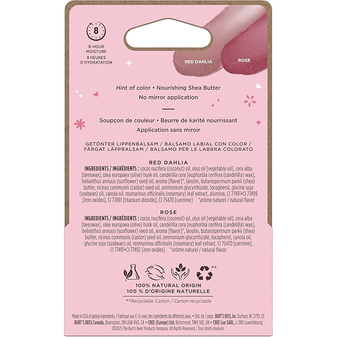 Burt's Bees Lip Tint Balm, Mothers Day Gifts with Long Lasting 2 in 1 Duo Tinted Balm Formula, Color Infused with Hydrating Shea Butter, Red Dahlia + Rose (2-Pack)
