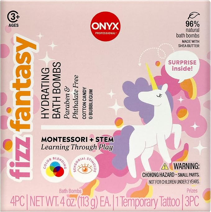 ONYX Professional Fizz Fantasy Unicorn Bath Bombs for Kids, Cotton Candy Scented | Bath Bombs with Surprise Toy or Tattoo | Fun Bath Bomb for Kids and Bath Time Gifts, 4 Count