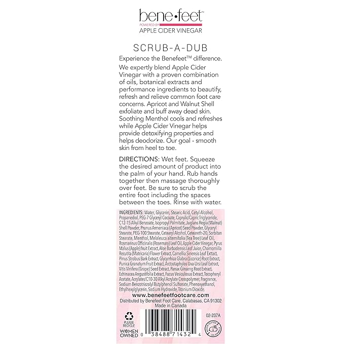 Benefeet Scrub-A-Dub Cooling Foot Scrub - Exfoliates + Refreshes Dry + Dull Skin, Get Smoother Skin from Heel to Toe, Made w/Vitamin E, Apple Cider Vinegar, Walnut Shell + Apricot Seed, 4 oz (2 Pack)