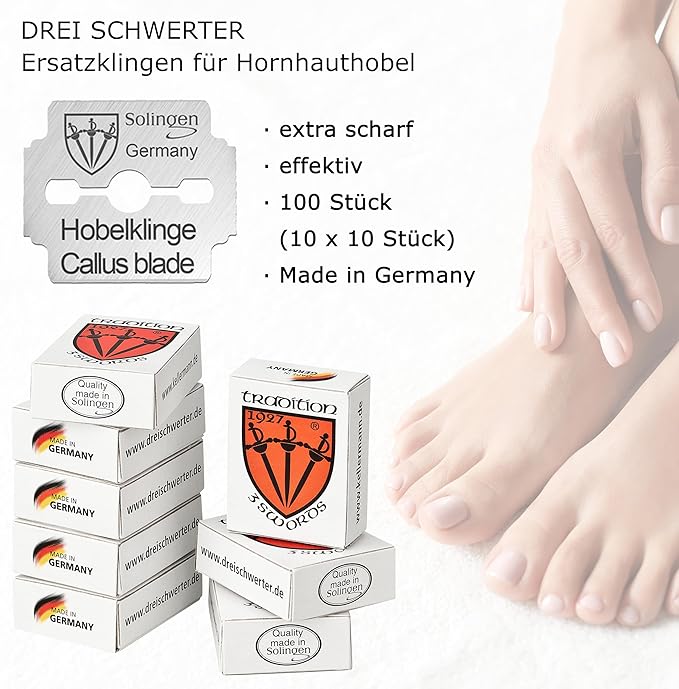 3 Swords Germany - 100 (10x10) Pieces Replacement Refill Blades for Callus Remover - Made in Solingen Germany