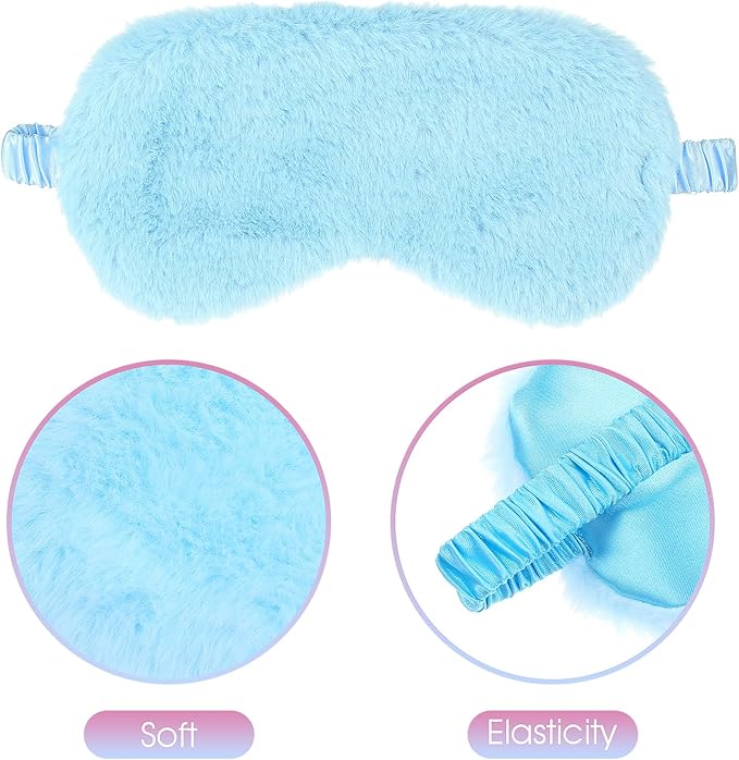 2 Pcs Plush Eye Mask Soft Sleeping Blindfold Eye Cover Comfortable Furry Faux Fur Sleeping Mask Satin Nap Night Eyeshade Cover for Women Men Gift (Blue, Pink)