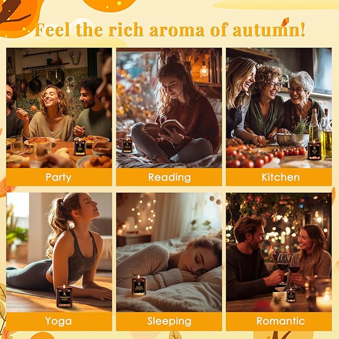 Fall Candles, 6 Pack Soy Candle Set, Scented Candles for Home, Holiday Candle for Women Men, Scents of Sugar Cookies/Vanilla Pumpkin/Cinnamon Clove/Apple Pie/Harvest Spice/Fall Party