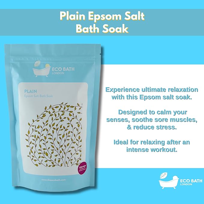 Eco Bath London Plain Unscented Epsom Salt Bath Soak - Pouch 2.2 lb (1 kg), Made in UK, Natural Magnesium Bath Salt, Relaxing Spa Bath Soak for Stress Relief, Self Care Gift for Women and Men