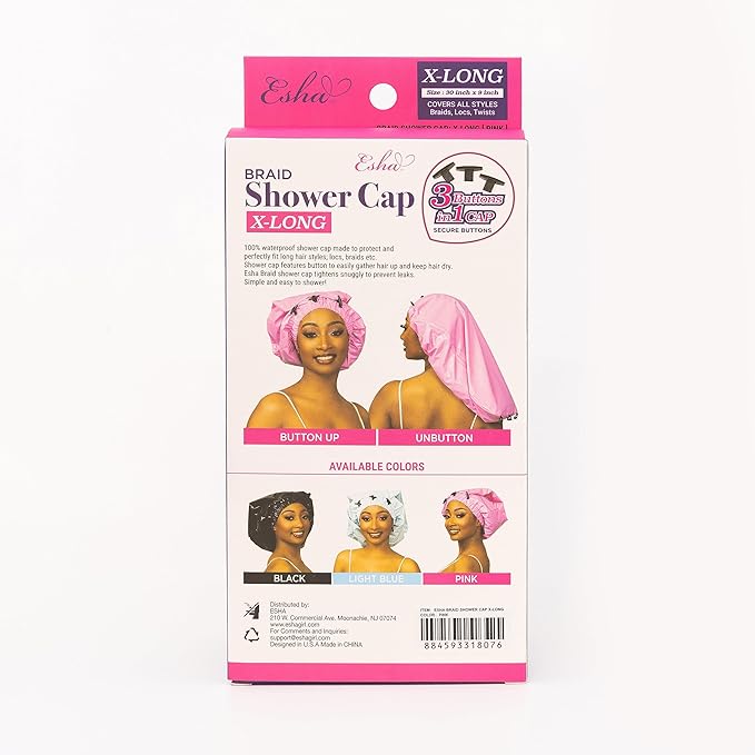 Esha Girl - Shower Cap for Extra Long Hair, Braids, Locs, Twists – Waterproof – Snug Fit Guarantees No Leaks – Easy Button Up (Pink, X-Long (30" x 9"))