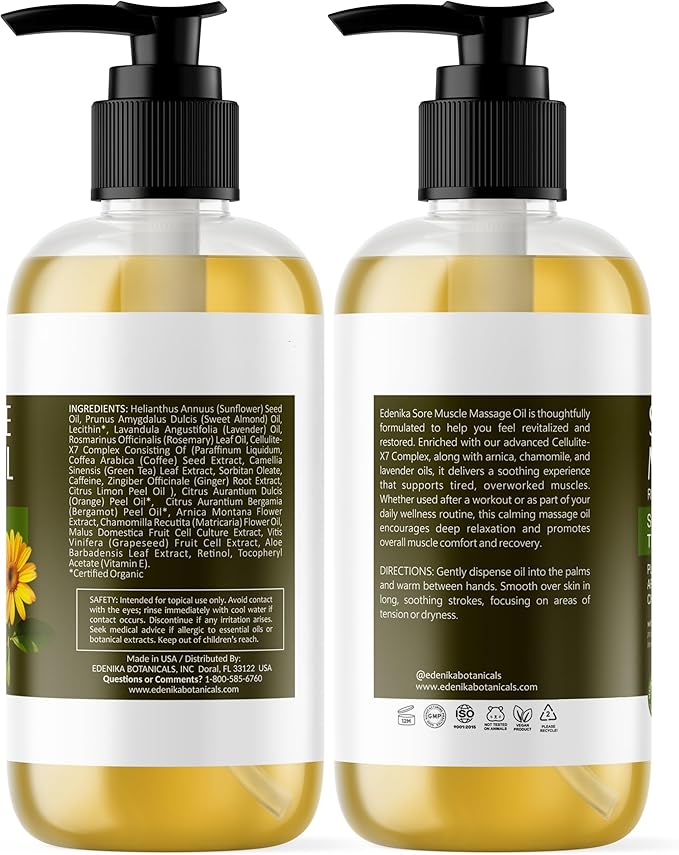 Edenika Botanicals Maximum Strength Sore Muscle Massage Oil for Massage Therapy with Pure Arnica, Deep Muscle Tension Relief & Joint Comfort Rub, Enhancing Circulation & Warming, 8 fl oz