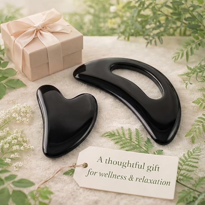 BBTO 2 Pcs Body Gua Sha Tool Large Resin Scraping Tools with Handle for Back, Neck, Face, Leg - Lymphatic Drainage, Cellulite Removal, Muscle Relief(Black)