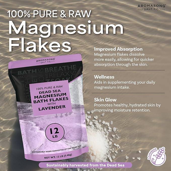 Aromasong RAW Magnesium Bath Flakes with 100% Natural Lavender, 12 Lb. Bulk Muscle Relaxing Organic Salts Mg Chloride, Mineral Soak Salt.