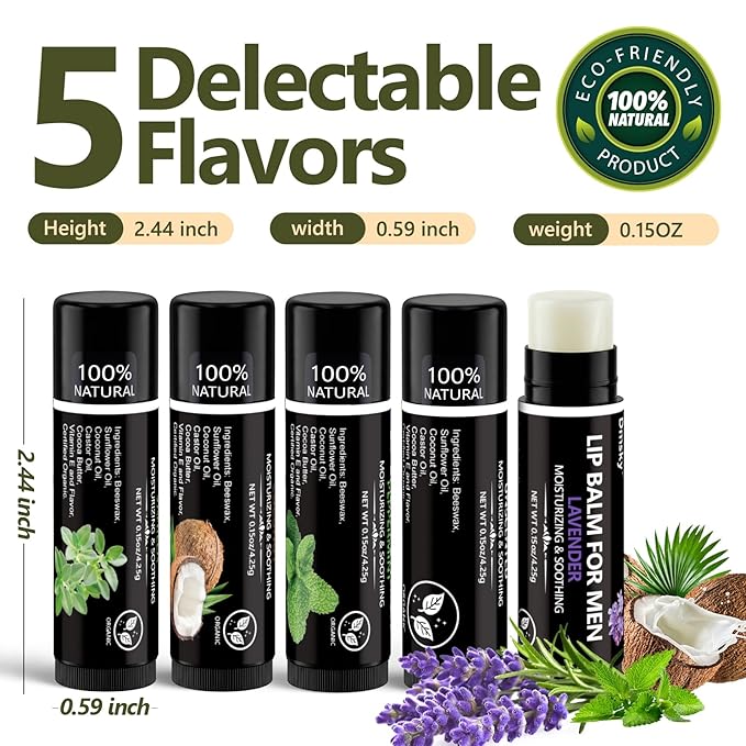 10 Pack Lip Balm for Men,Hydrating Natural Chapstick Bulk Vitamin E and Beeswax - 5 Flavors Chapstick for Men Gift,Peppermint,Coconut,Vanilla,Lavender & Unscent