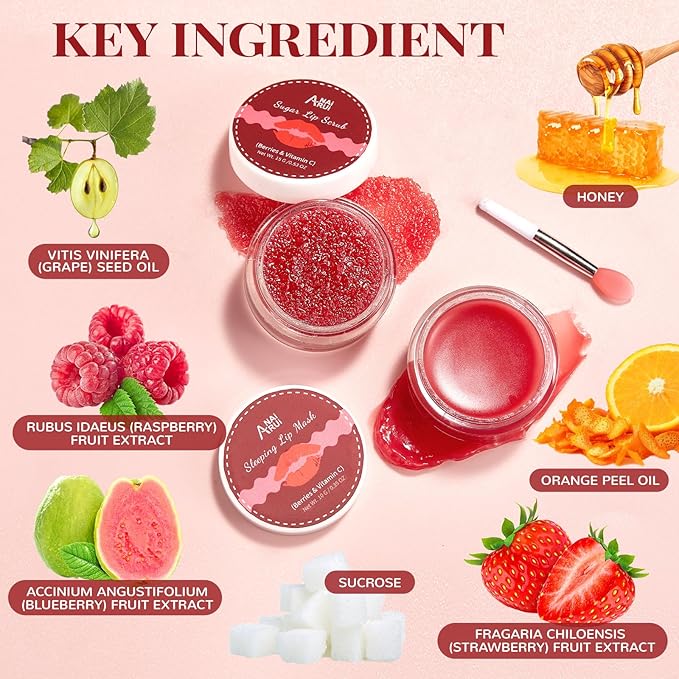 Lip Scrub & Lip Mask Set, Overnight Treatment Lip Care Products, Mothers Day Gifts Set for Mom, Moisturize & Nourish, Dry Cracked Lips, Intense Hydration with Vitamin C, Overnight Lip Mask