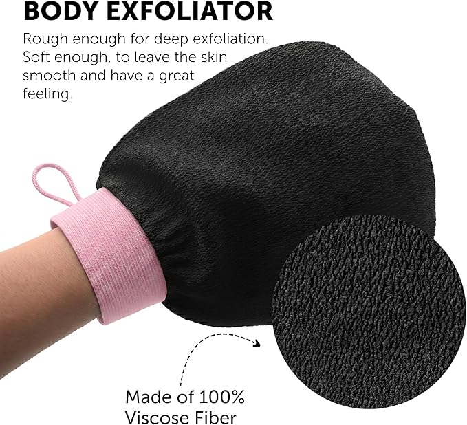 Valitic Exfoliating Glove Body Scrubber - Exfoliating Mitt Dead Skin Remover, Shower Face and Body Exfoliator - Korean Style Skin Scrubber Washcloth - Spray and Self Tan Remover, 1 Black with Pink