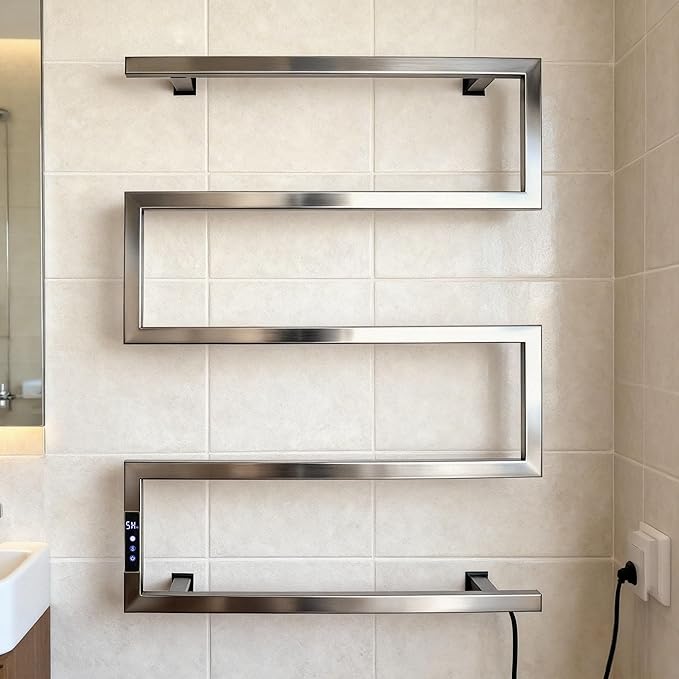 Towel Warmer Rack for Bathroom with Timer/Fahrenheit Temperature Control Wall Mounted Electric Heated 5 Bar Rail Plug-in or Hardwired Keep Bath Shower Towel Warming (Mirror Polish Slivery)