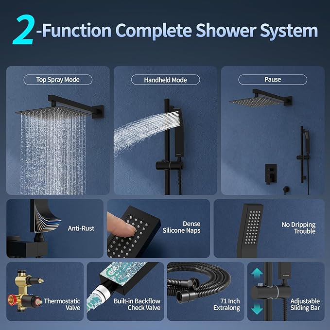 SR SUN RISE 10 Inch Slide Bar Shower Faucet Luxury High Pressure Shower Heads and Handheld Spray Combo Set Wall Mounted Shower System Included Valve and Trim Kit, Matte Black