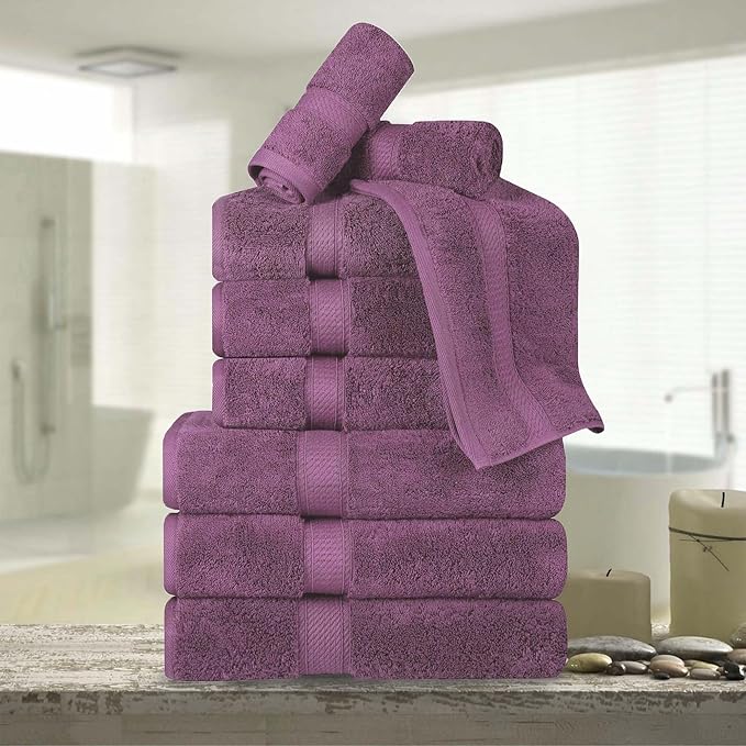 Superior Egyptian Cotton Pile 9 Piece Towel Set, Includes 3 Bath, 3 Hand, 3 Face Towels/Washcloths, Ultra Soft Luxury Towels, Thick Plush Essentials, Guest Bath, Spa, Hotel Bathroom, Plum