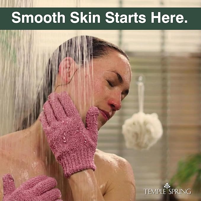 Temple Spring Shower Gloves Exfoliating for Women – Natural Textured Rayon Bamboo Exfoliating Glove with Thicker Weave for Deep Cleansing, Dead Skin Removal & Smooth Radiant Skin (1 Pair, Pink)