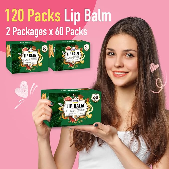 AZEN 120 Pack Lip Balm, Natural Lip Balm Bulk, Lip Care Product, Moisturizing Lip Balms for dry cracked lips, Mothers Day Gifts Easter Basket Stuffers - 10 Flavors