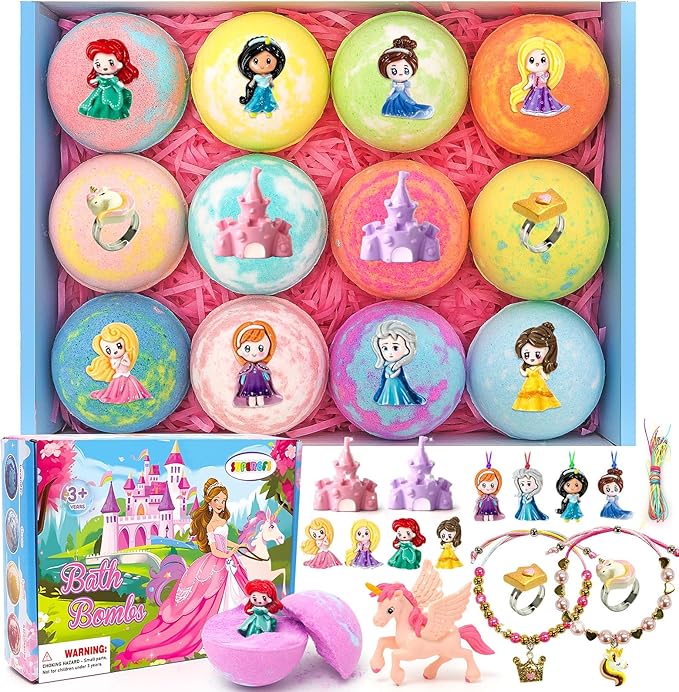 Bath Bombs for Kids with Surprise Inside Princess Toys Natural Bath Bombs Handmade Spa Organic Bubble Bath Bomb Bath Fizzy with Jewelry Set Girls Birthday Christmas Gift