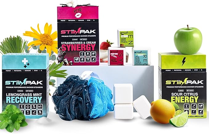Shower Steamers for Men & Women | XL 80g Aromatherapy | Extra Strength Sinus Relief | Pure & Natural Essential Oils | 8 Pack + Loofah | Energy, Synergy & Recovery (Triple PAK: Bundle)