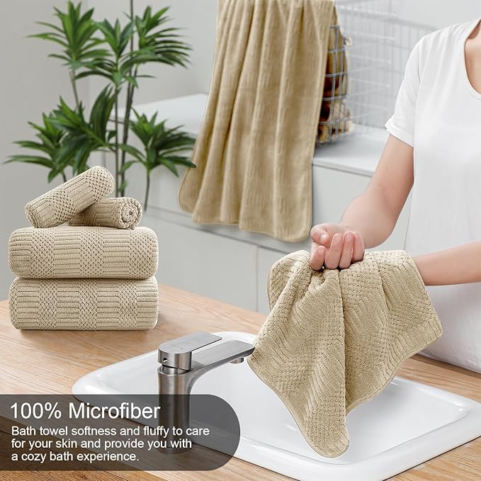 8 Piece Bath Towel Set-2 Oversized Bath Sheets(35"x70"),2 Hand Towels,4 Washcloths-Extra Large Microfiber Towel Sets,Less Lint Highly Absorbent & Quick Dry Bath Towels for Bathroom Gym Pool,Camel
