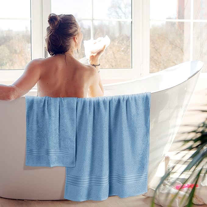 BOUTIQUO 6 Pack Cotton Towel Set, Contains 2 Bath Towels 28x55 inch, 2 Hand Towels 16x24 inch & 2 Wash Coths 12x12 inch, Ideal Everyday use, Ultra Soft Compact & Lightweight - Sky Blue