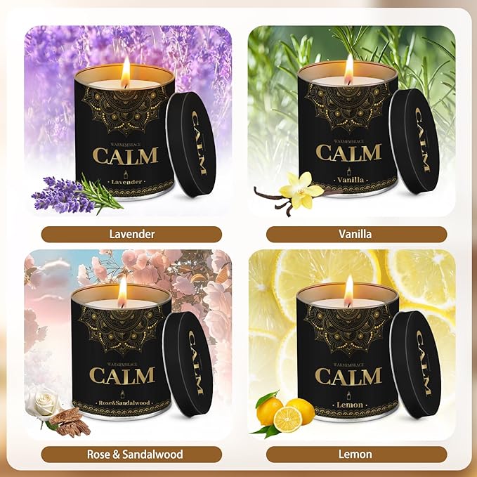 WarmEmbrace Scented Candles, 9 Oz Candle Sets for Home, Office, Meditation, Yoga, Candles for Women & Men, Birthday, Christmas, Valentine's Day Present, Lavender, Vanilla, Rose & Sandalwood, Lemon