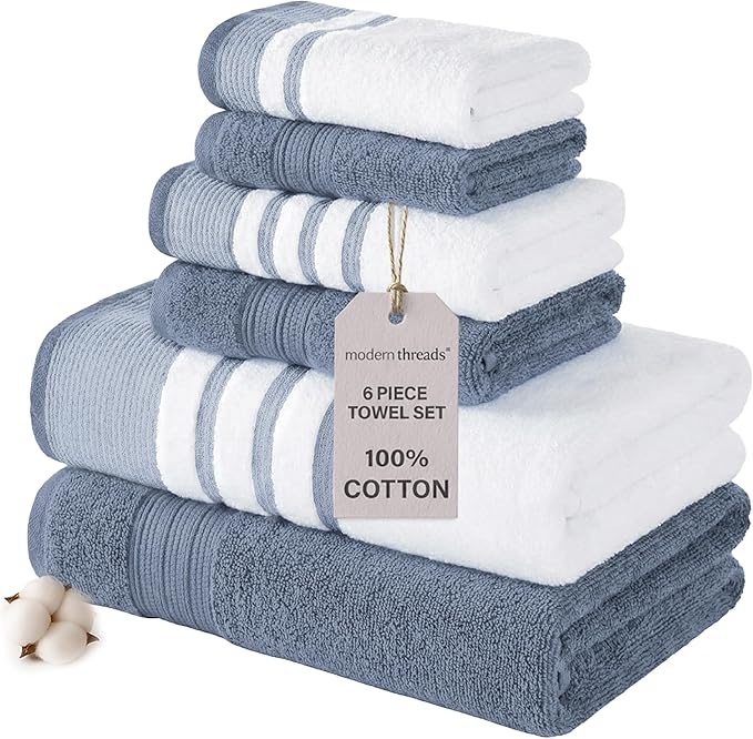 Modern Threads 6-Piece Towel Set – 100% Cotton, Quick Dry, Ultra Absorbent – Includes 2 Bath, 2 Hand, 2 Washcloths (White/Reinhart Blue)