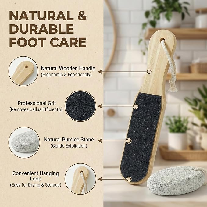 2-Piece Foot File and Pumice Stone Set, Wooden Callus Remover for Feet, Pedicure Tools for Removing Dead Skin & Hard Heels
