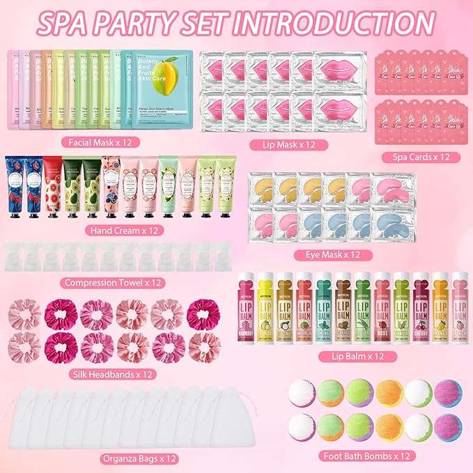120PCS Spa Party Supplies for Girls, Include Facial Masks, Lip Mask, Under Eye Patches, Lip Balm, Foot Bath Bombs, Hand Cream, Compressed Towel, Hair Band, Sleepover Party Supplies for Girls