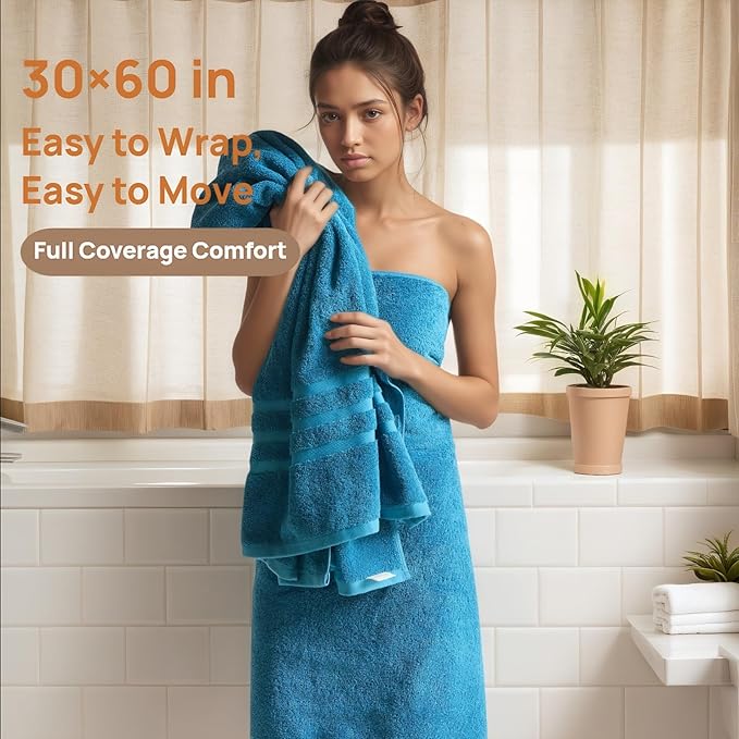 Bath Towels 2 Pack, 30 x 60 Inches, Large 100% Cotton Towels, Soft, Absorbent, Comfortable for Home, Spa, and Gym, (Blue)
